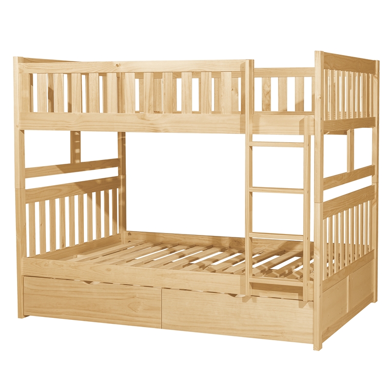 Pemberly Row Pine Wood Full/Full Bunk Bed with Storage Boxes in Natural Pine