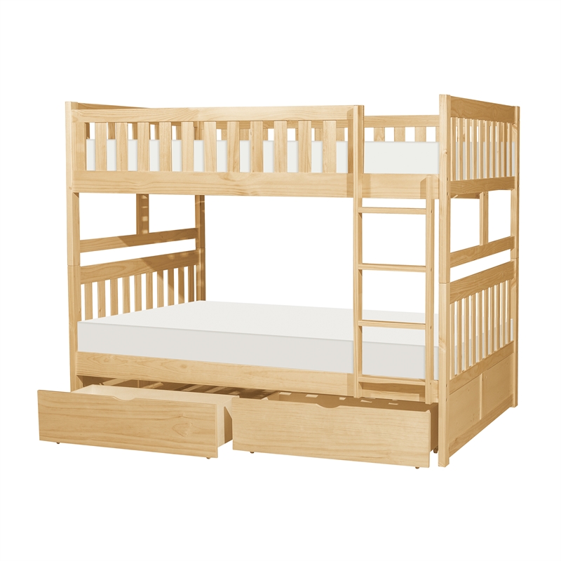 Pemberly Row Pine Wood Full/Full Bunk Bed with Storage Boxes in Natural Pine