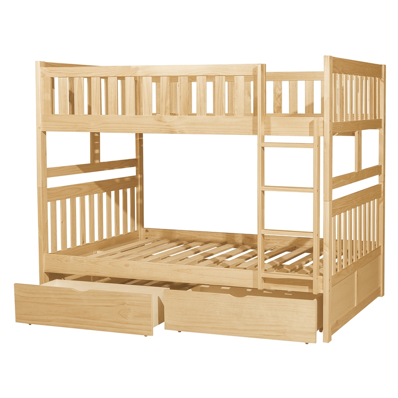 Pemberly Row Pine Wood Full/Full Bunk Bed with Storage Boxes in Natural Pine