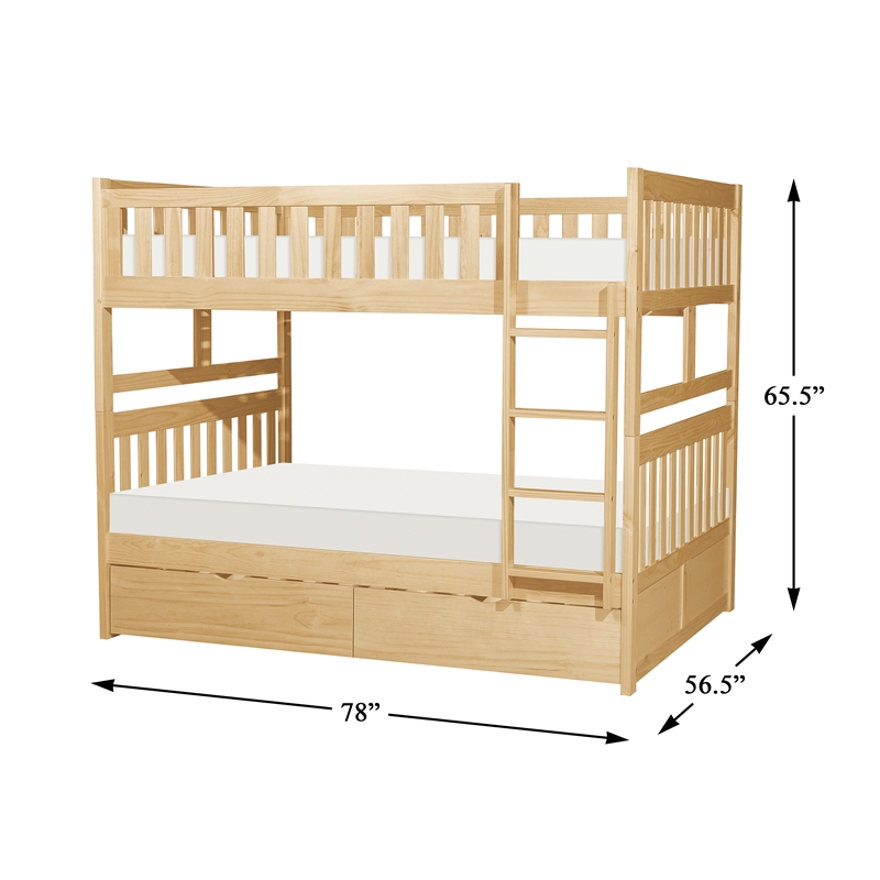 Pemberly Row Pine Wood Full/Full Bunk Bed with Storage Boxes in Natural Pine