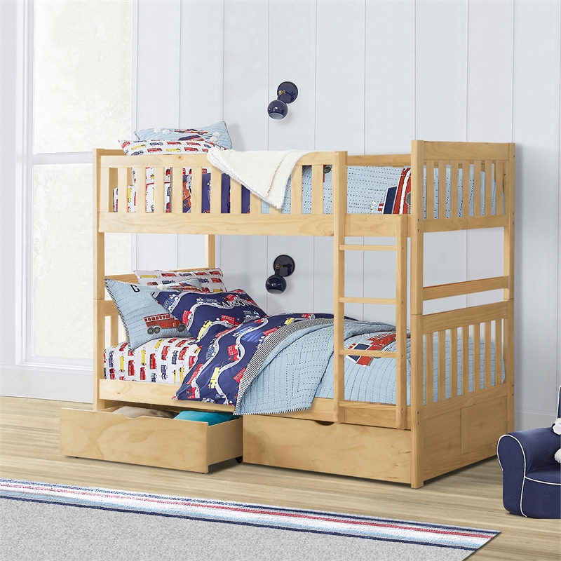 Pemberly Row Pine Wood Full/Full Bunk Bed with Storage Boxes in Natural Pine