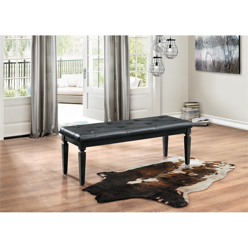 Pemberly Row Button-Tufted Faux Leather Bench with Foam Cushion in Black
