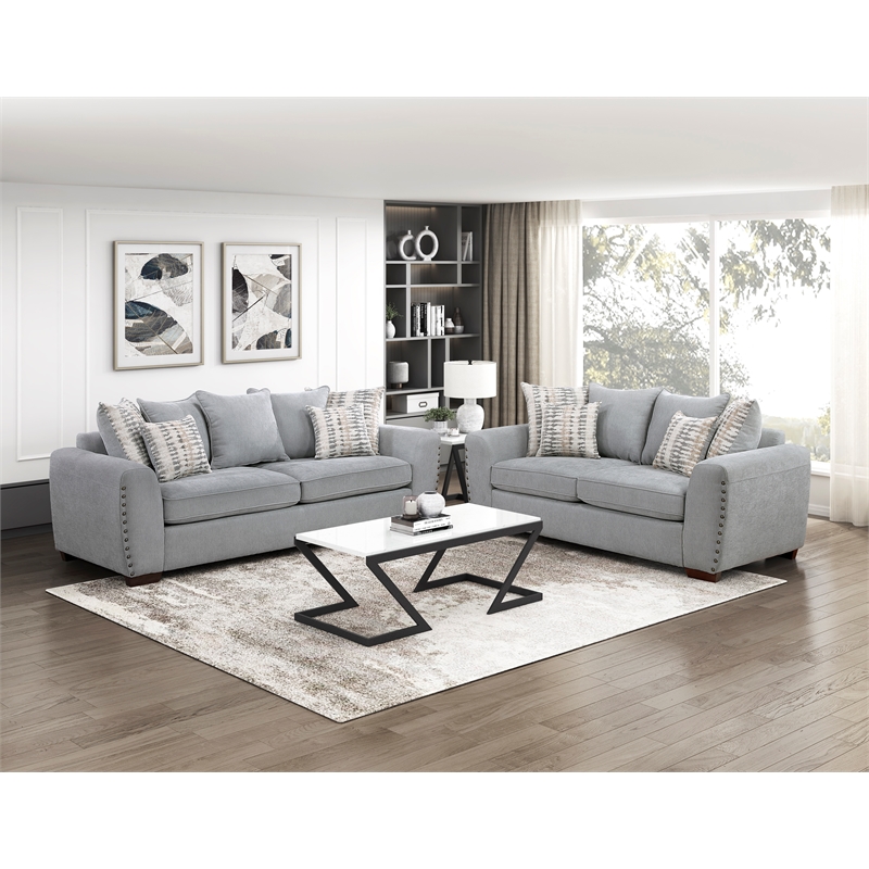 Pemberly Row Chenille Sofa with Nailhead Trim and 7 Pillows in Gray