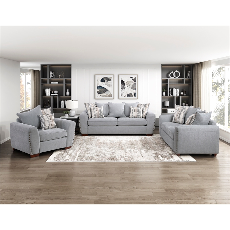 Pemberly Row Chenille Sofa with Nailhead Trim and 7 Pillows in Gray