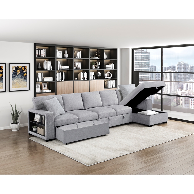 Pemberly Row Boucle Sectional with Right Chaise and Pull-Out Bed in Gray