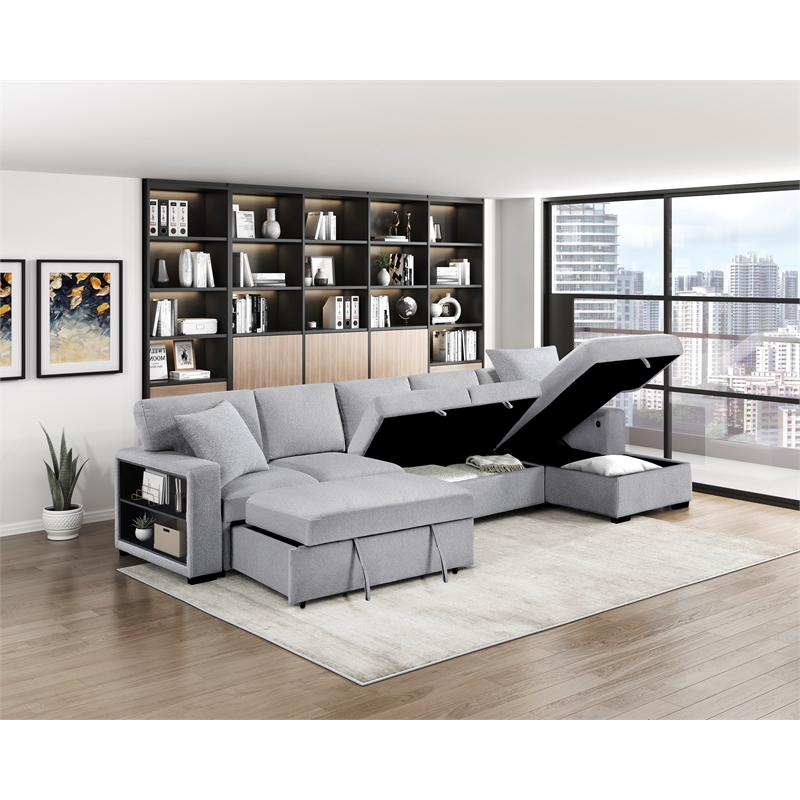 Pemberly Row Boucle Sectional with Right Chaise and Pull-Out Bed in Gray