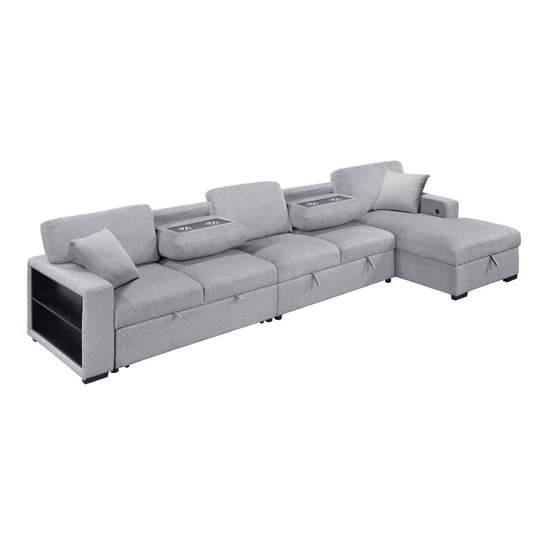 Pemberly Row Boucle Sectional with Right Chaise and Pull-Out Bed in Gray