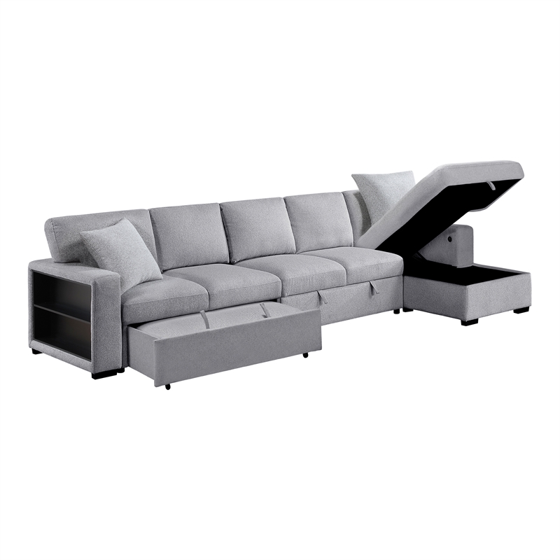 Pemberly Row Boucle Sectional with Right Chaise and Pull-Out Bed in Gray