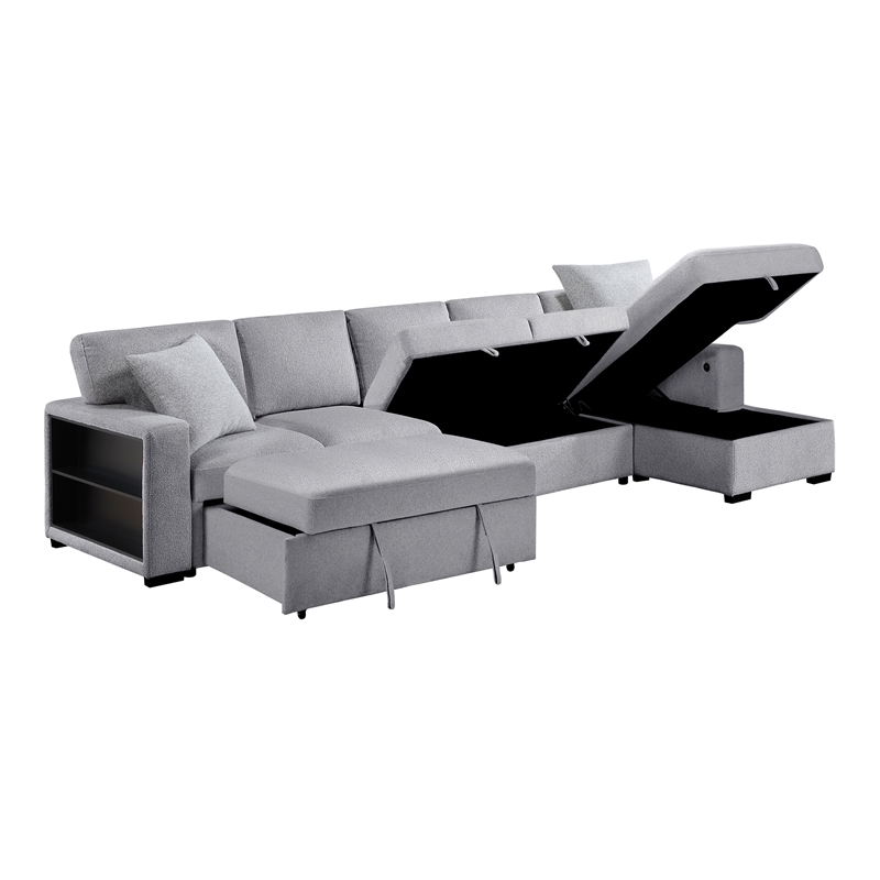 Pemberly Row Boucle Sectional with Right Chaise and Pull-Out Bed in Gray