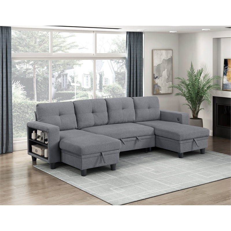 Pemberly Row Boucle U-Shaped Sectional with 2 Chaises and Pull-Out Bed in Gray