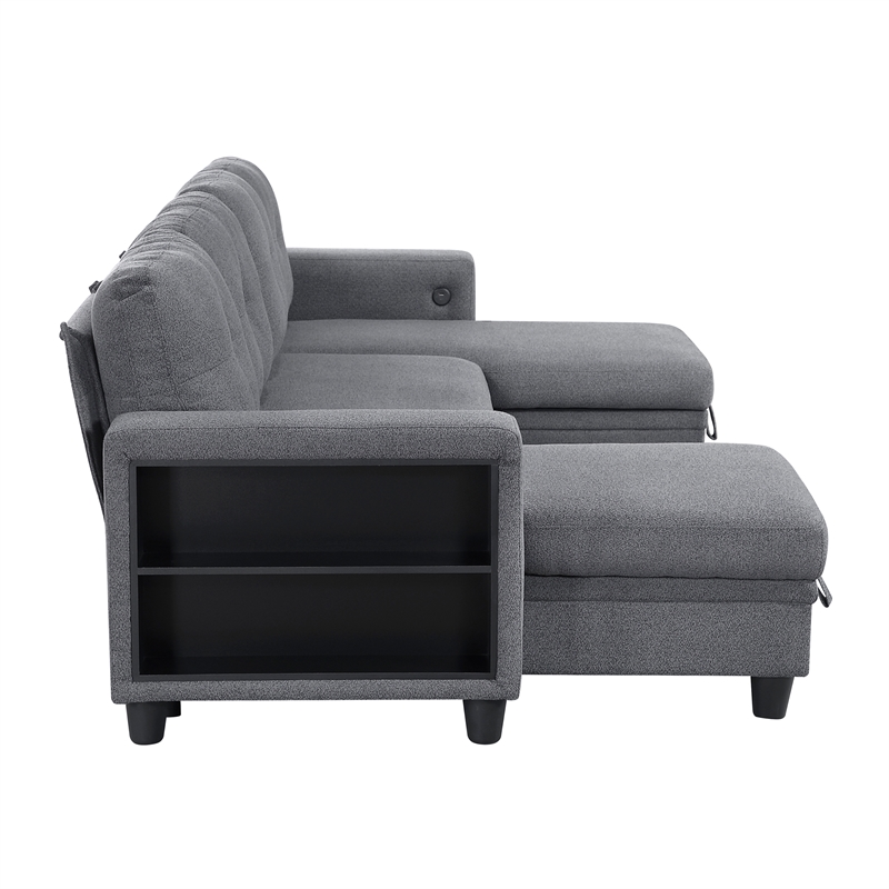Pemberly Row Boucle U-Shaped Sectional with 2 Chaises and Pull-Out Bed in Gray