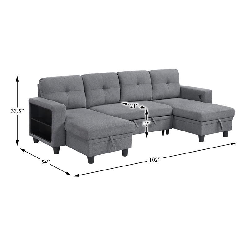 Pemberly Row Boucle U-Shaped Sectional with 2 Chaises and Pull-Out Bed in Gray