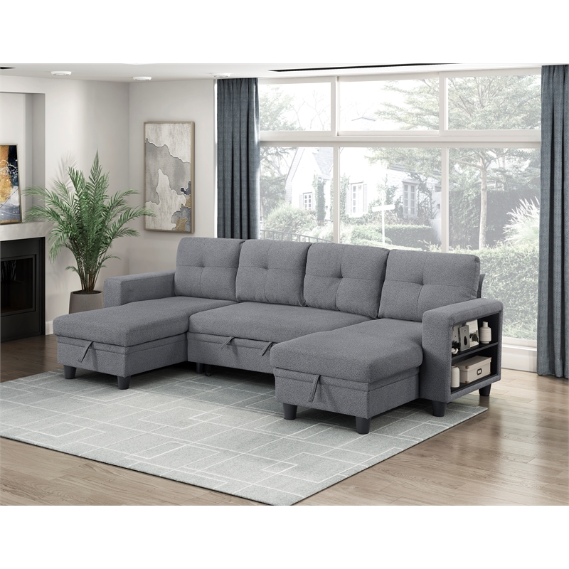 Pemberly Row Boucle U-Shaped Sectional with 2 Chaises and Pull-Out Bed in Gray