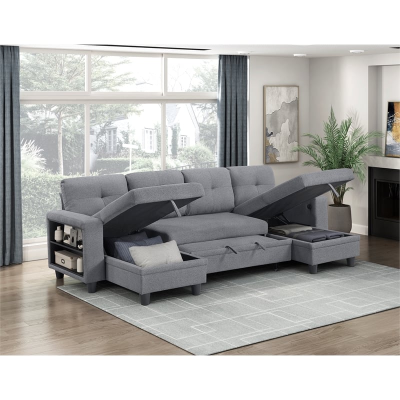 Pemberly Row Boucle U-Shaped Sectional with 2 Chaises and Pull-Out Bed in Gray