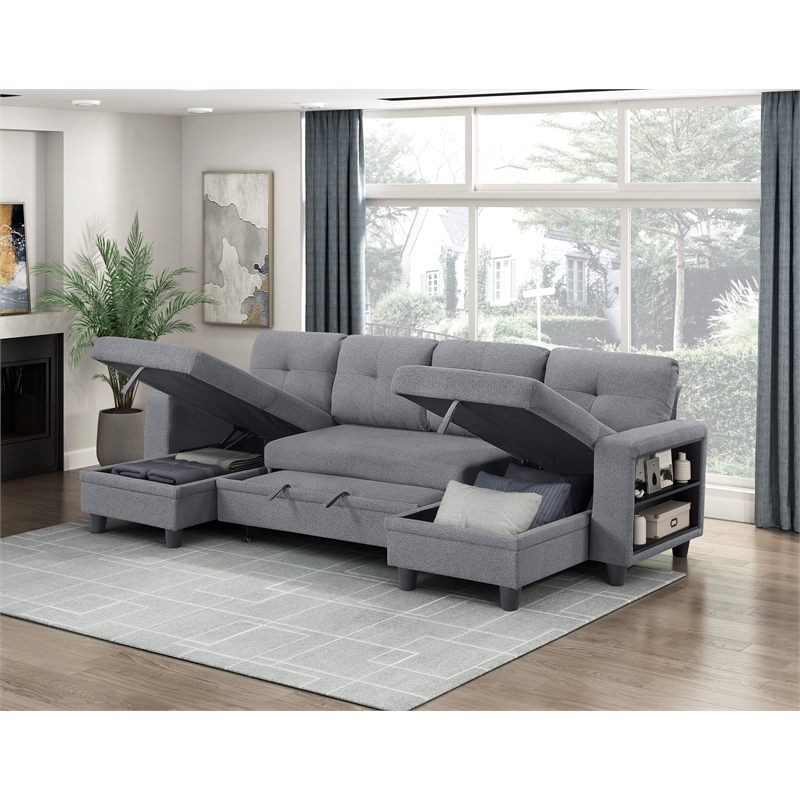 Pemberly Row Boucle U-Shaped Sectional with 2 Chaises and Pull-Out Bed in Gray
