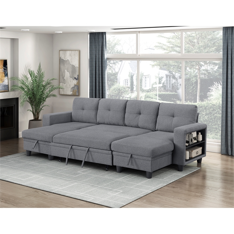 Pemberly Row Boucle U-Shaped Sectional with 2 Chaises and Pull-Out Bed in Gray