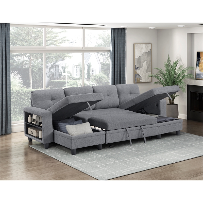Pemberly Row Boucle U-Shaped Sectional with 2 Chaises and Pull-Out Bed in Gray