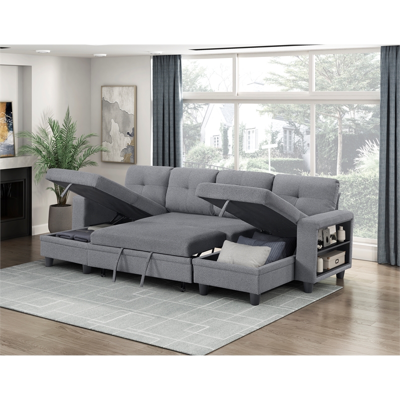 Pemberly Row Boucle U-Shaped Sectional with 2 Chaises and Pull-Out Bed in Gray