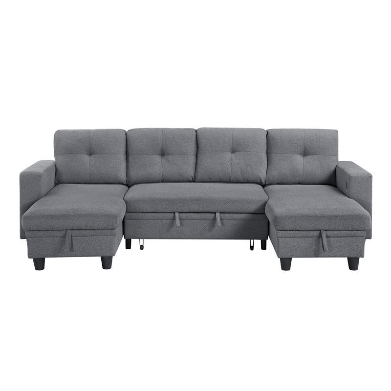 Pemberly Row Boucle U-Shaped Sectional with 2 Chaises and Pull-Out Bed in Gray