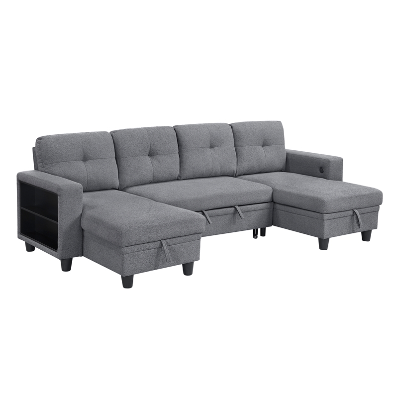 Pemberly Row Boucle U-Shaped Sectional with 2 Chaises and Pull-Out Bed in Gray