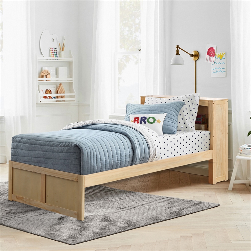 Pemberly Row Wood and MDF Twin Bookcase Bed with 300 lb Capacity in Natural Pine