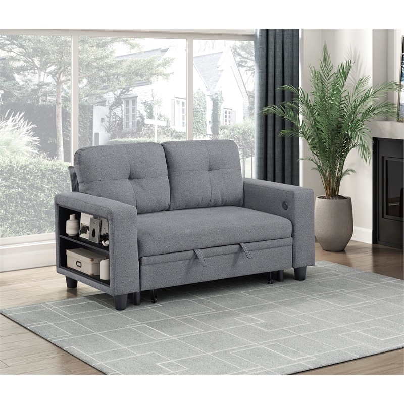 Pemberly Row Boucle Loveseat with Pull-Out Bed and USB Charging in Gray