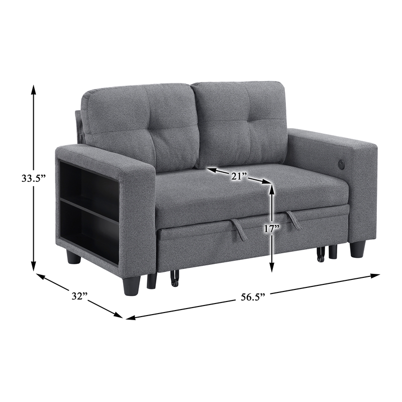 Pemberly Row Boucle Loveseat with Pull-Out Bed and USB Charging in Gray