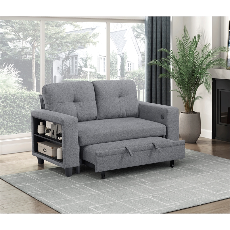 Pemberly Row Boucle Loveseat with Pull-Out Bed and USB Charging in Gray