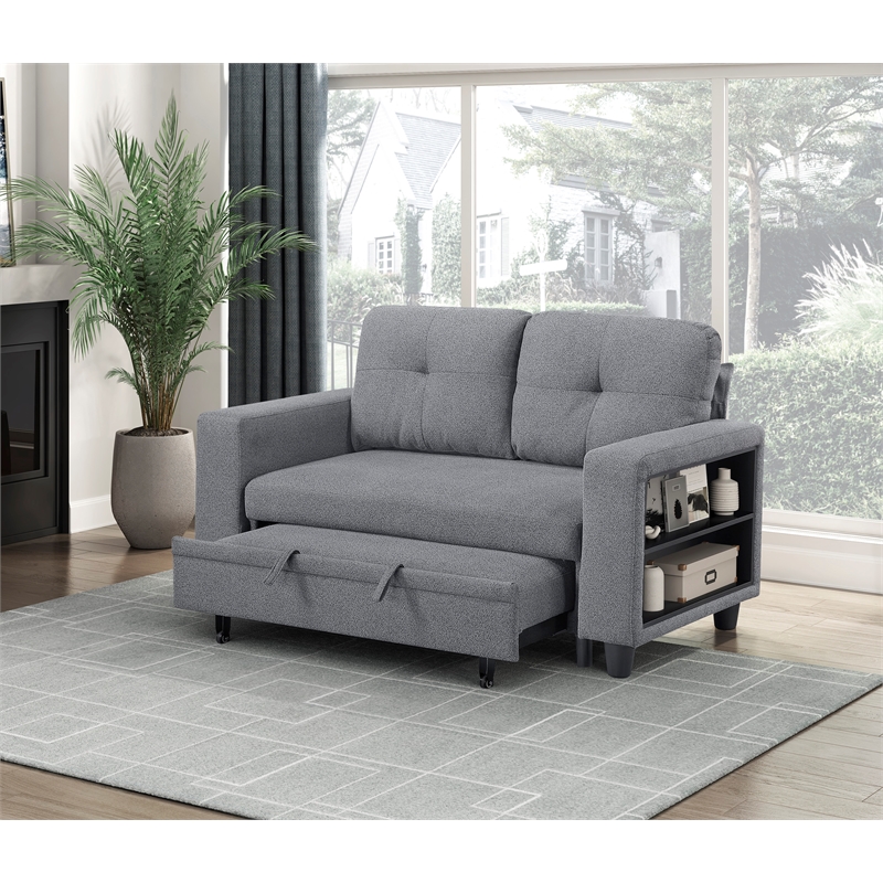 Pemberly Row Boucle Loveseat with Pull-Out Bed and USB Charging in Gray