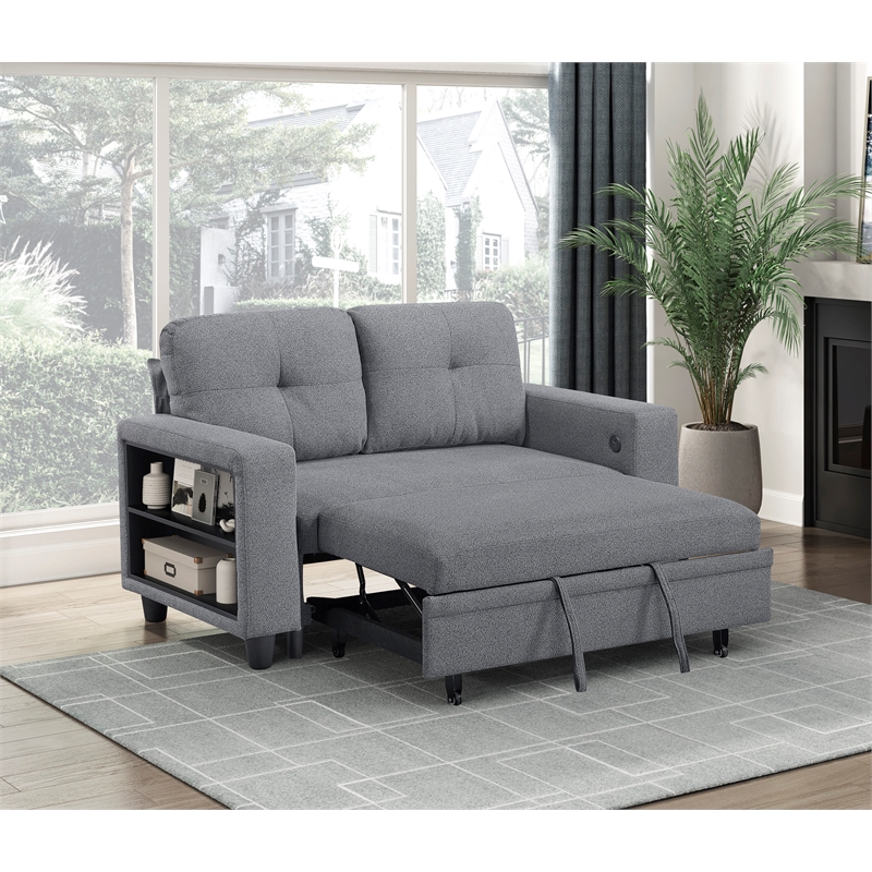 Pemberly Row Boucle Loveseat with Pull-Out Bed and USB Charging in Gray