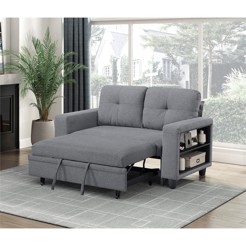 Pemberly Row Boucle Loveseat with Pull-Out Bed and USB Charging in Gray