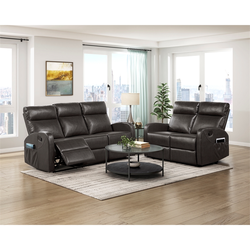 Pemberly Row Faux Leather Wall-Hugger Double Reclining Loveseat in Espresso