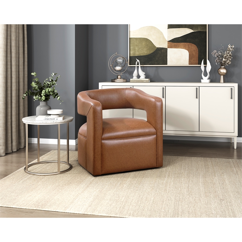 Pemberly Row Faux Leather 360-Degree Swivel Barrel Chair in Camel