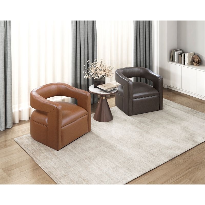 Pemberly Row Faux Leather 360-Degree Swivel Barrel Chair in Camel