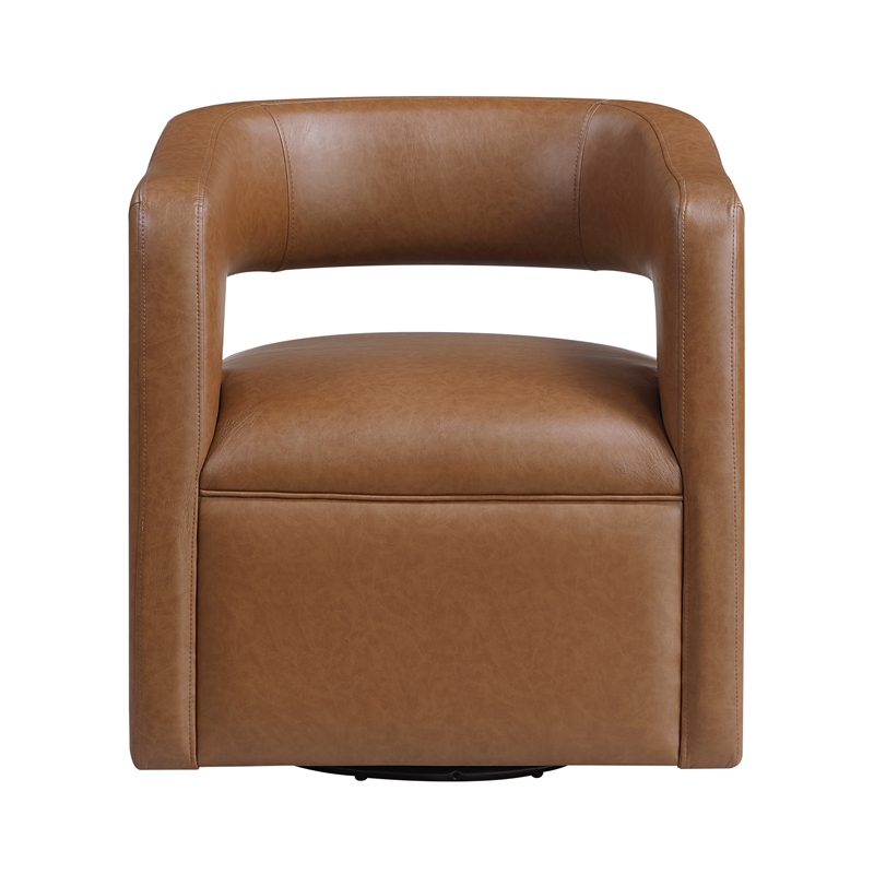 Pemberly Row Faux Leather 360-Degree Swivel Barrel Chair in Camel