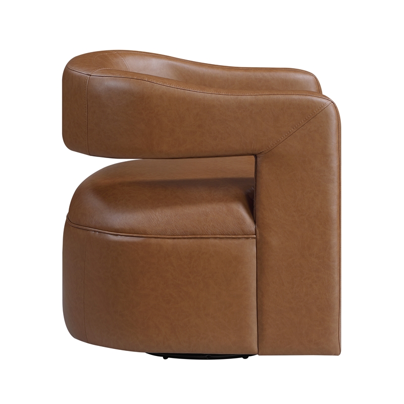 Pemberly Row Faux Leather 360-Degree Swivel Barrel Chair in Camel