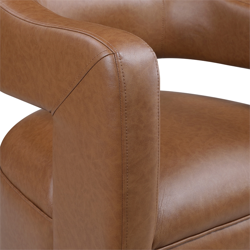Pemberly Row Faux Leather 360-Degree Swivel Barrel Chair in Camel