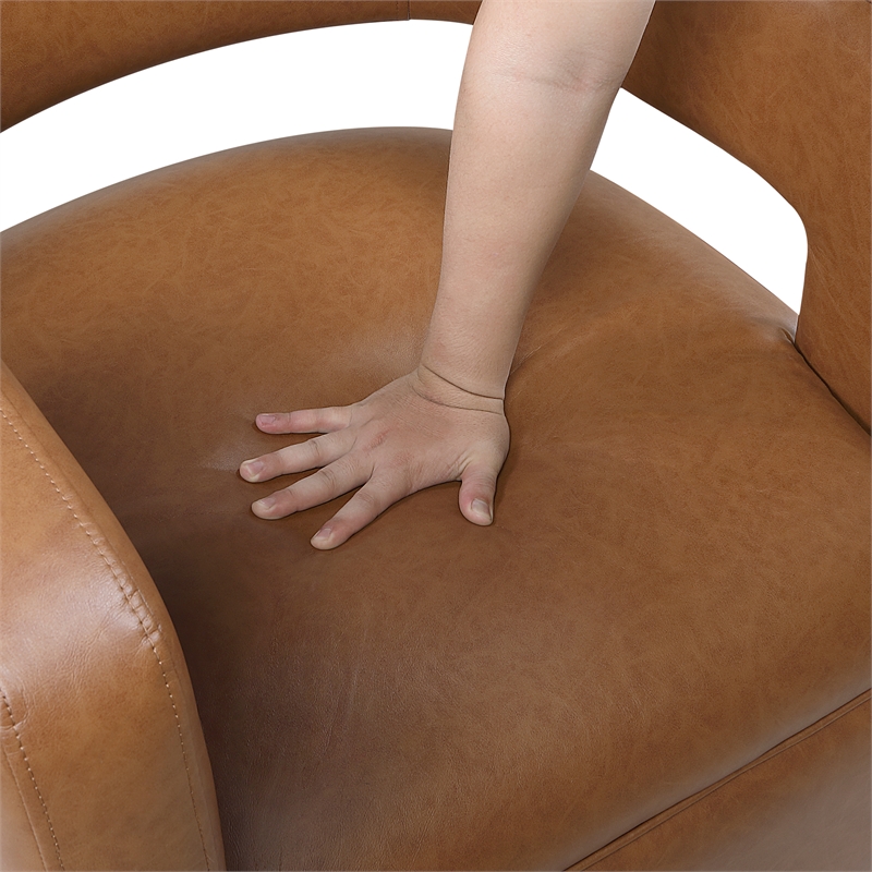 Pemberly Row Faux Leather 360-Degree Swivel Barrel Chair in Camel