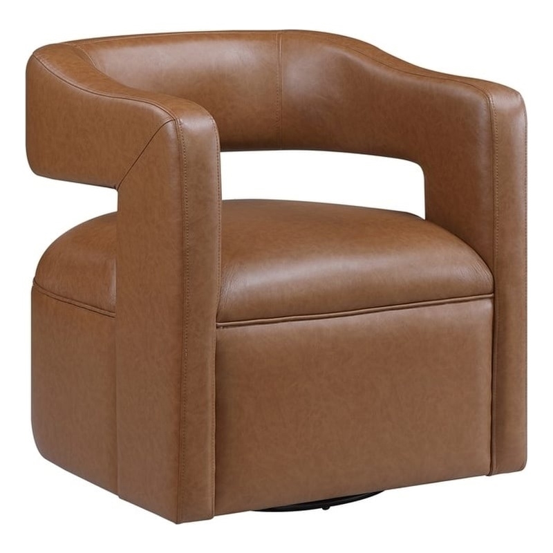 Pemberly Row Faux Leather 360-Degree Swivel Barrel Chair in Camel