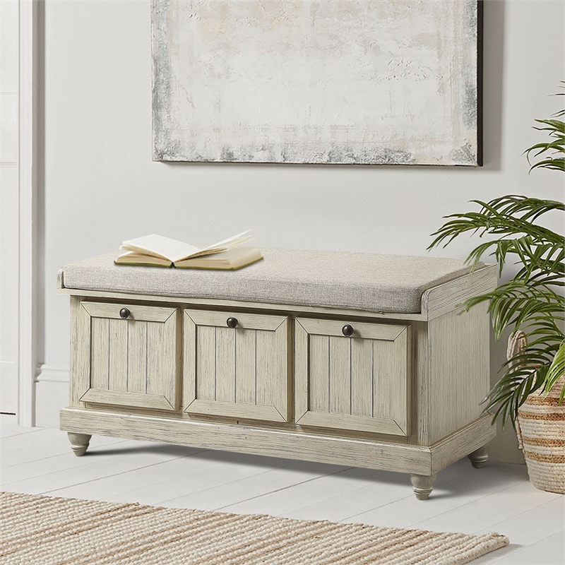 Pemberly Row Lift-Top Storage Bench with Cushioned Seat in Antique White