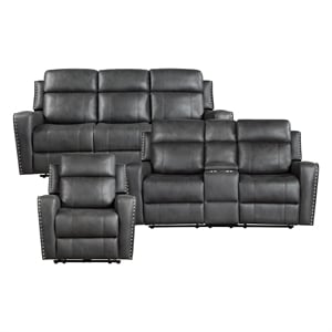 Pemberly Row Microfiber 3-Piece Reclining Set with Nailhead Trim in Smoky Gray