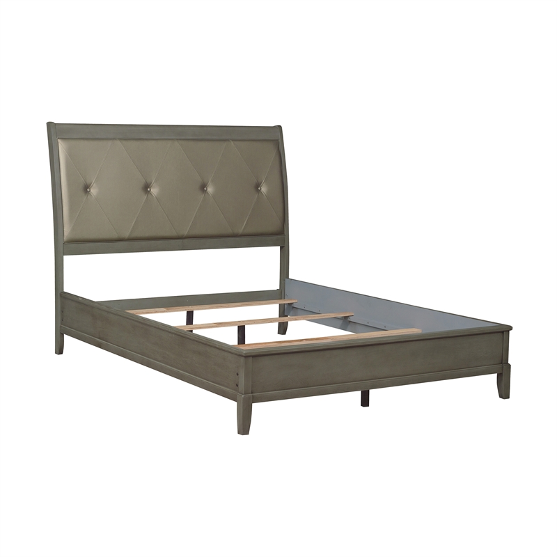 Pemberly Row Full Sleigh Bed with Tufted Faux Leather Headboard in Gray