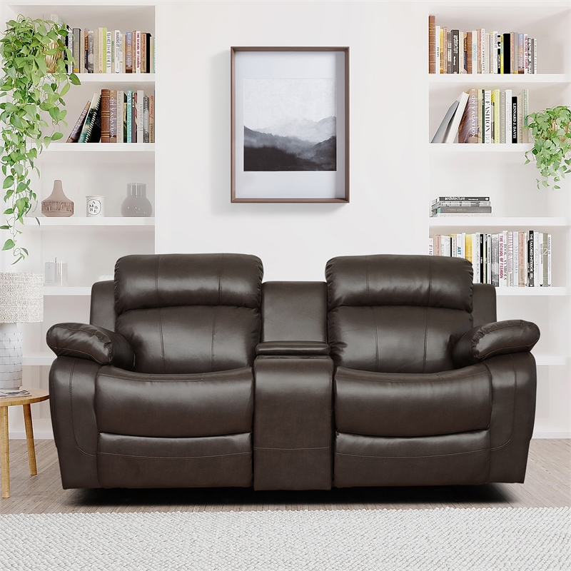 Pemberly Row Faux Leather 2-Piece Reclining Sofa Set with Cup Holders in Brown