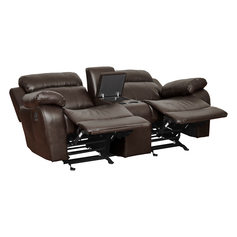 Pemberly Row Faux Leather 2-Piece Reclining Sofa Set with Cup Holders in Brown