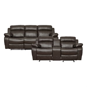 Pemberly Row Faux Leather 2-Piece Reclining Sofa Set with Cup Holders in Brown