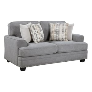 Pemberly Row Chenille Loveseat with Nailhead Trim and 4 Pillows in Gray