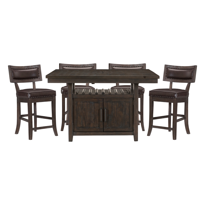 Pemberly Row 5-Pc Counter Height Dining Set with Wine Rack in Distressed Cherry