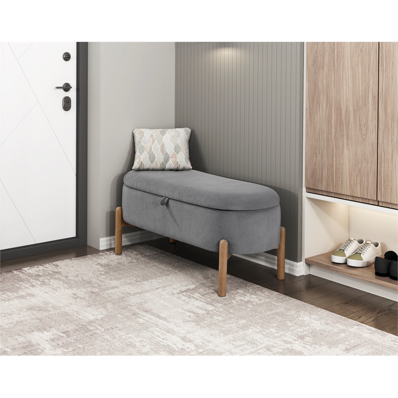 Pemberly Row Corduroy Lift-Top Storage Bench with Solid Wood Legs in Gray