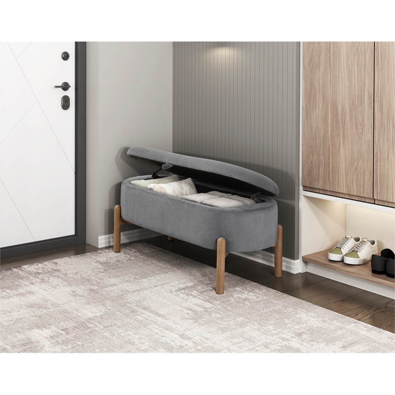 Pemberly Row Corduroy Lift-Top Storage Bench with Solid Wood Legs in Gray