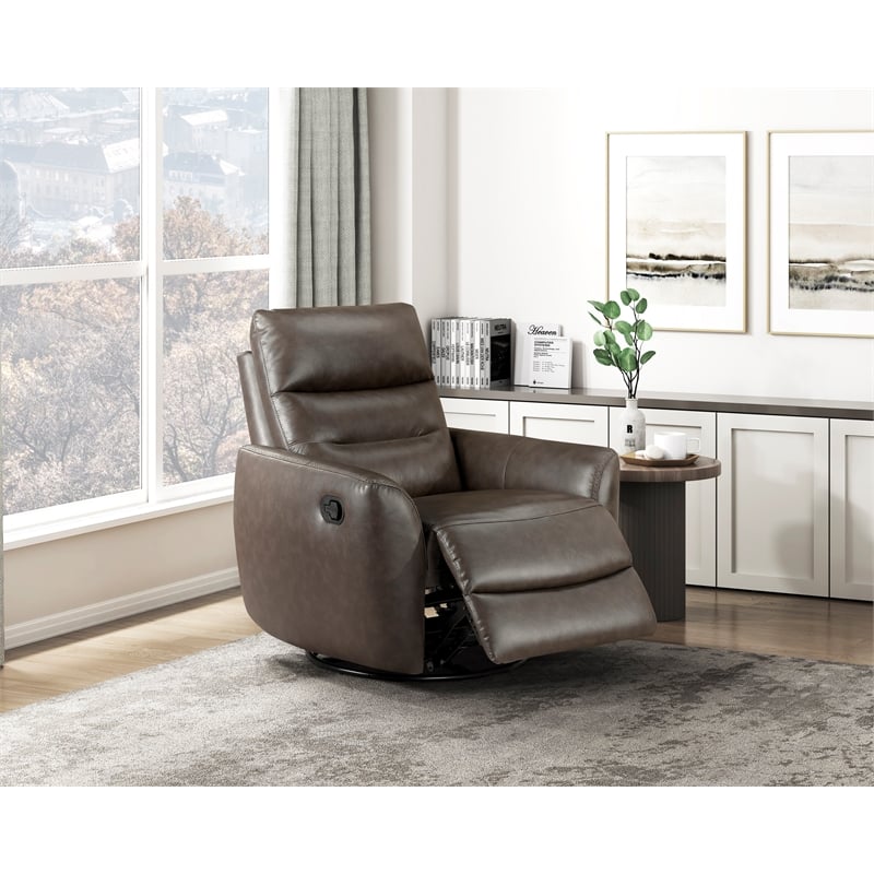 Pemberly Row Top Grain Leather Swivel Glider Recliner in Dark Brown